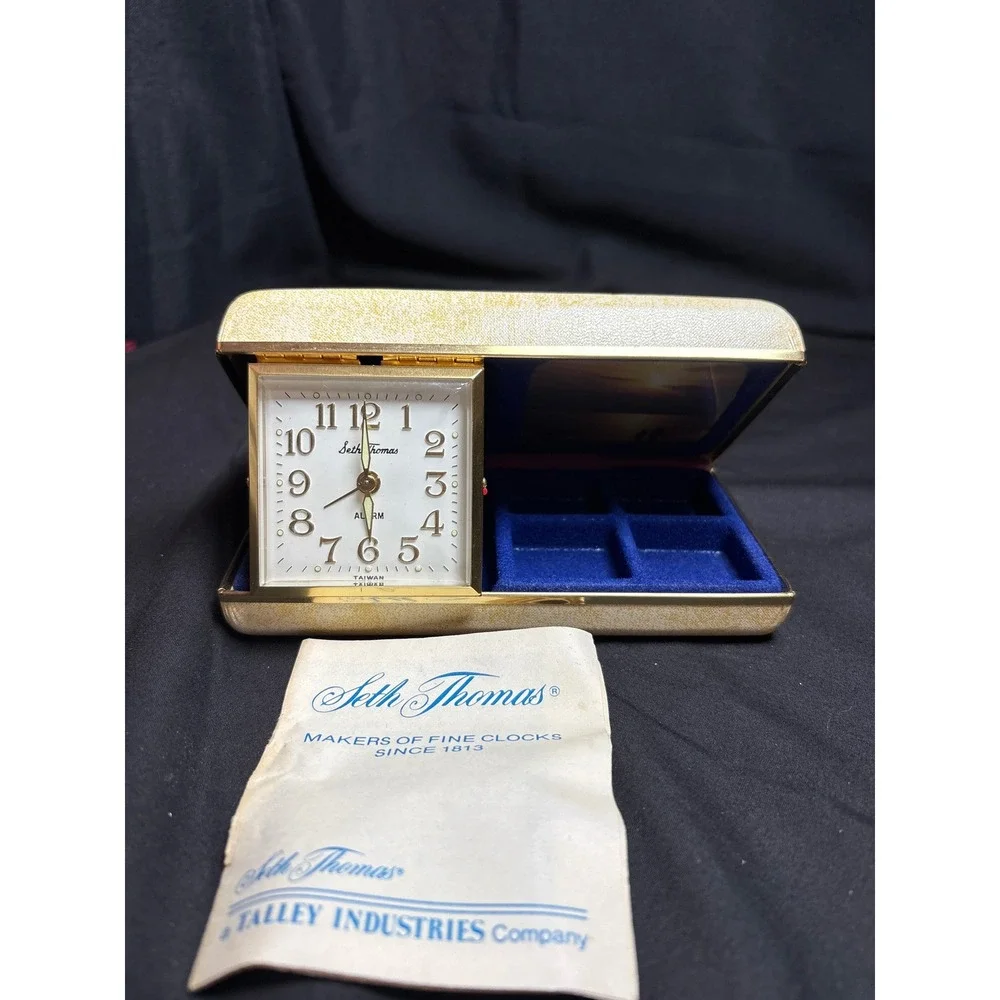 Seth Thomas Vintage Travel Alarm Clock Jewelry Valet Case Cream Gold Blue MCM
